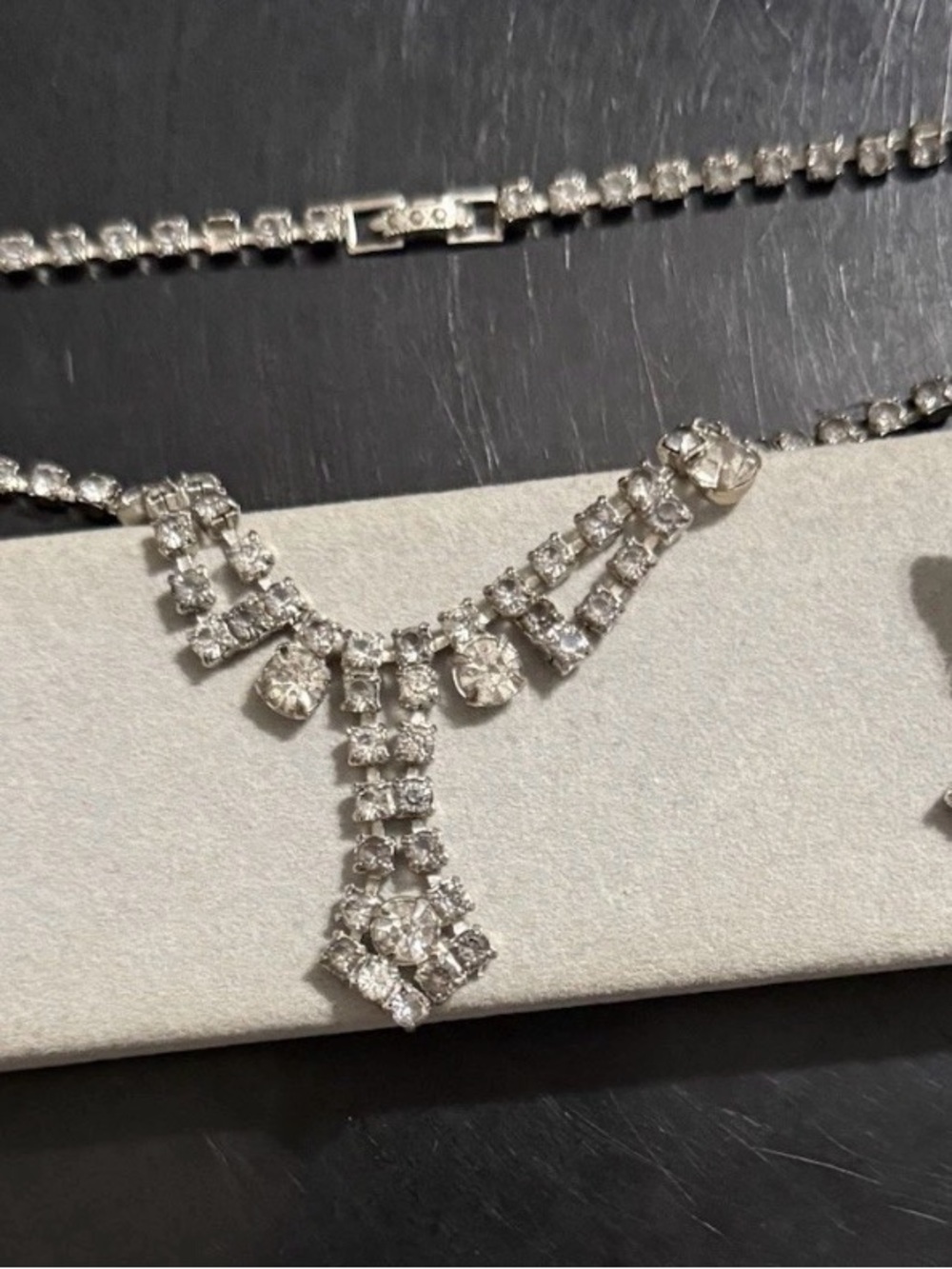 Hickok Silver-Tone Rhinestone Necklace, Earrings and brooch set. Crystal Accent